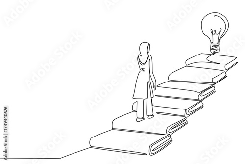 Single one line drawing Arab woman walks on stairs made of books and lightbulb floating at the end. Importance of higher education. National Creativity Day. Continuous line design graphic illustration
