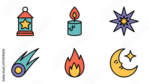 Vector art of collection of colorful celestial icons, featuring a lantern, candle, star, comet, flame, and crescent moon