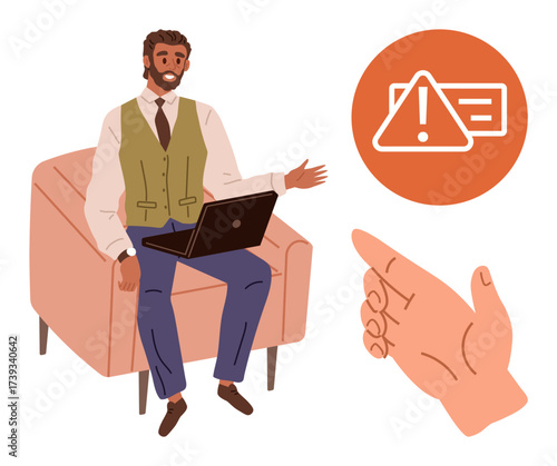 Man with laptop seated in an armchair gesturing towards warning icon and additional message cues. Ideal for technology, alert system, troubleshooting, business communication, problem-solving, IT