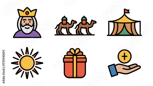 Vector art of three kings day vector icon set wise men, camels, tent, sun, gift, hand and coin epiphany day concept