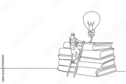 Continuous one line drawing Arab man climbs stack of thick books with lightbulb floating above. Have unlimited creativity. Educate. National Creativity Day. Single line draw design vector illustration
