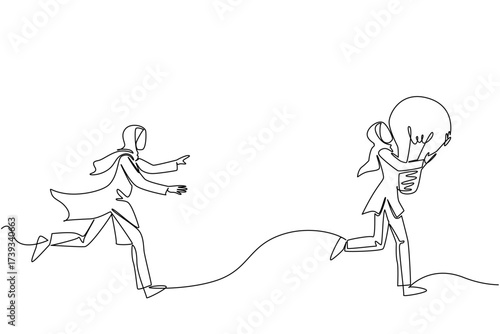Single one line drawing Arab businesswoman chases a woman running with a light bulb. Chasing down criminals of plagiarism. Crime. National Creativity Day. Continuous line design graphic illustration