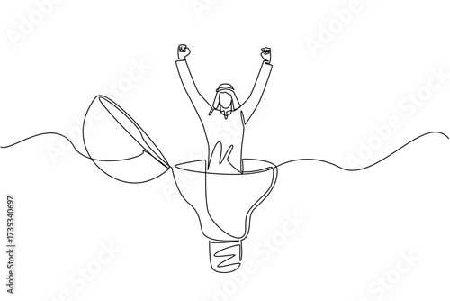 Single one line drawing Arab businessman stands inside lightbulb with the top open raising hands. Clear mind calms the situation. National Creativity Day. Continuous line design graphic illustration