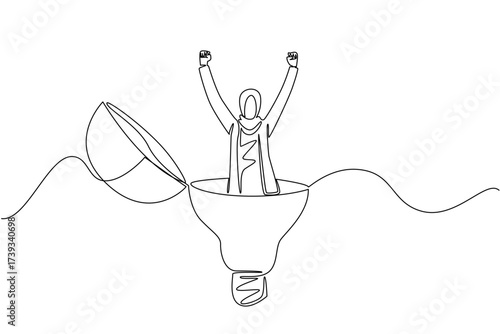 Continuous one line drawing Arab businesswoman stands inside lightbulb with top open raising hands. Celebrating freedom of thought. National Creativity Day. Single line draw design vector illustration