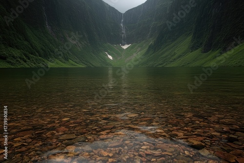 Fototapeta Naklejka Na Ścianę i Meble -  Serene mountain lake with waterfall