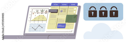 Laptop screen displaying task management board, charts, and graphs with three secure locks in a cloud. Ideal for workflow, analytics, cybersecurity, productivity, planning, remote work teamwork