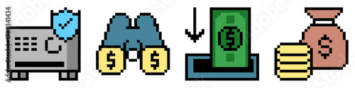 Set pixel finance icon vector for business, accounting, and monetary management. Useful for illustrating a collection of financial tools in a fun, retro, 8-bit aesthetic