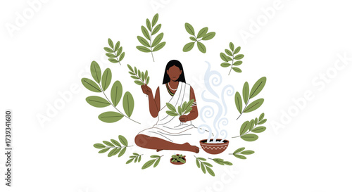 Herbal Healing: A Woman with Medicinal Plants and Incense, Emphasizing Natural Remedies and Traditional Wellness Practices for holistic health and aromatherapy