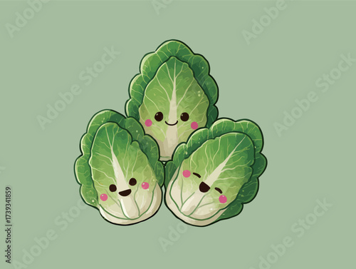 Three adorable lettuce leaves with smiling faces and rosy cheeks sit closely together against a soft green backdrop, spreading joy and cuteness.