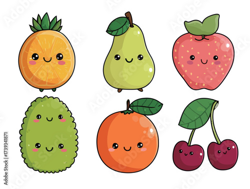 A colorful collection of adorable fruits features a smiling orange, happy pear, cheerful apple, playful cherry, vibrant durian, and a lively green fruit.
