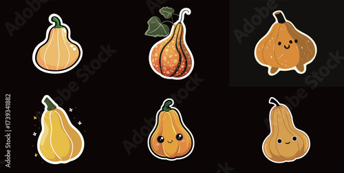 A vibrant display of cartoon-style gourd illustrations showcases various shapes and colors. The designs feature smiling faces and lively details that add charm.