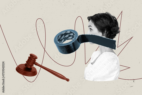 Composite artwork photo collage trend template of criminal judgment authority hammer victim woman portrait speechless scotch cover mouth