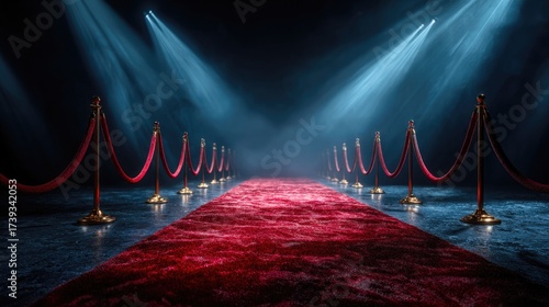 Glamorous red carpet illuminated by spotlights with velvet rope barriers
