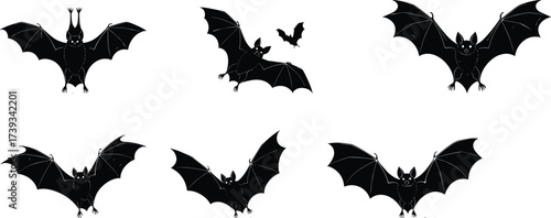 Set of six bat silhouettes in flight and hanging poses, spooky animal vector icons for Halloween, wildlife, and nocturnal themes