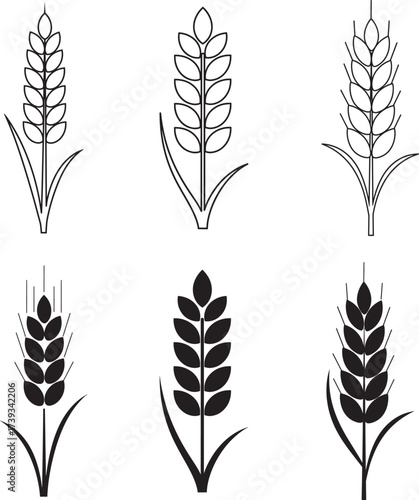 Collection of six stylized wheat stalks in black and white line art and silhouette styles