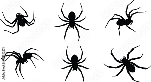Spider silhouette set showing various poses and leg positions for Halloween, horror, nature, and insect-themed vector illustration use