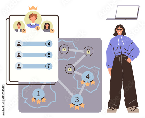 Leaderboard featuring ranked avatars, star ratings, and network map with locks and connections. Stylish individual alongside laptop. Ideal for competition, ranking, leadership, networking