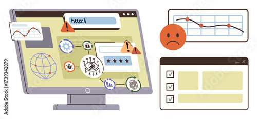 Computer screen with security warnings, sad face icon, charts, and checklist. Ideal for cybersecurity, user safety, online monitoring, data protection, internet issues software bugs simple flat