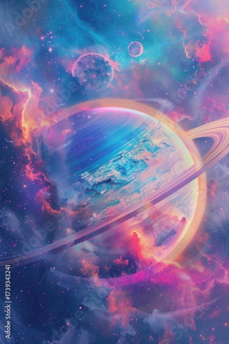 a colorful galaxy with nebulas and a planet