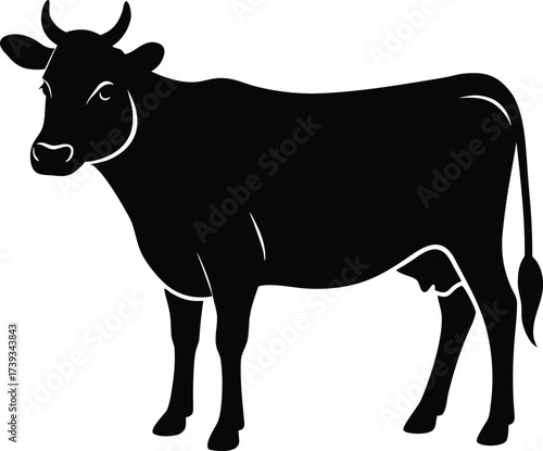 Black and white vector silhouette illustration of a cute domestic farm cow and bull for dairy and beef cattle agriculture