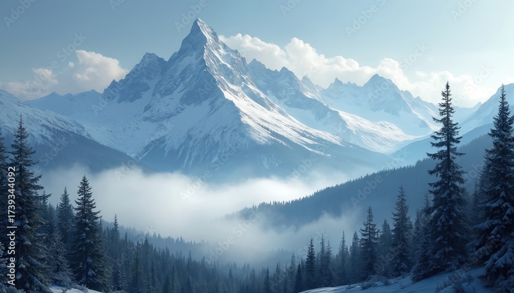 Fototapeta premium Winter mountain landscape illustration features snow covered peaks and forest. Snowy cold season scene includes sky clouds and trees. Nature view evokes peaceful tranquil feelings.