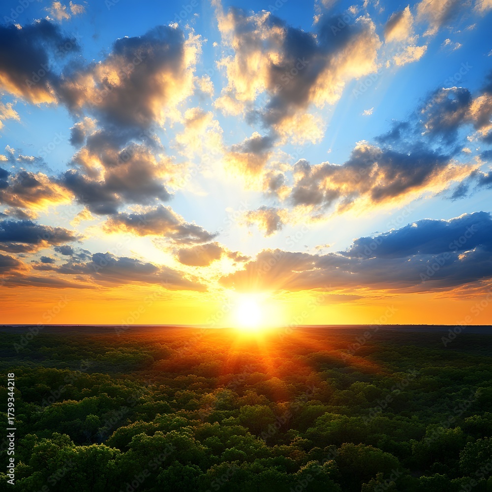 Obraz premium Stunning Sunset Over Lush Forest Aerial View