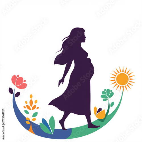 Silhouette of Pregnant Woman Walking with Nature Elements — Motherhood, Pregnancy, and Growth Concept Vector Illustration
