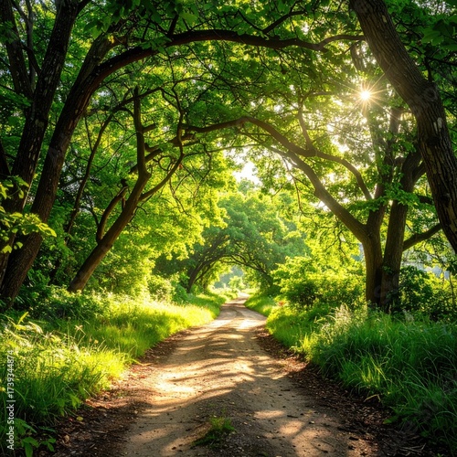 Forest path, sunlight through trees