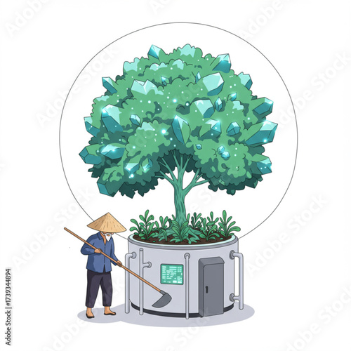 Futuristic Farmer Growing Crystal Tree — Innovation, Technology, and Sustainability Concept