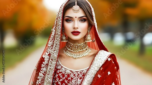 Stunning Indian Bride in Red Bridal Lehengha and Gold Jewelry