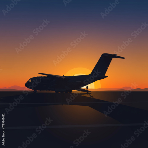 Military Transport Aircraft Silhouette at Sunset – Vector Illustration of Airplane on Runway