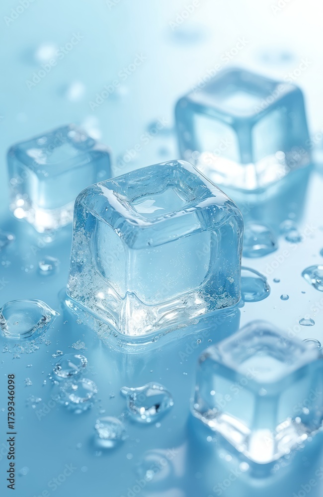 Obraz premium Few ice cubes on light blue background. Cold frozen ice glistens with droplets. Minimal design element reflects purity freshness. Abstract background suits presentations, design projects, cool