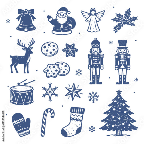 Set of isolated Christmas and New Year party decoration ornaments in black doodle hand-drawn graphic illustration on a white background 5