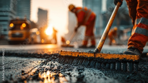 Road construction workers sweeping hot asphalt at sunrise
