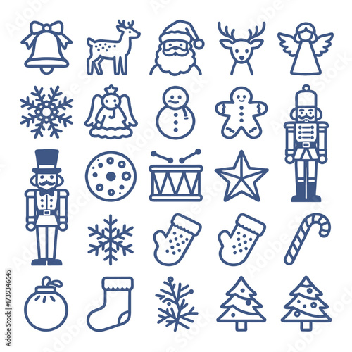 Set of isolated Christmas and New Year party decoration ornaments in black doodle hand-drawn graphic illustration on a white background 5