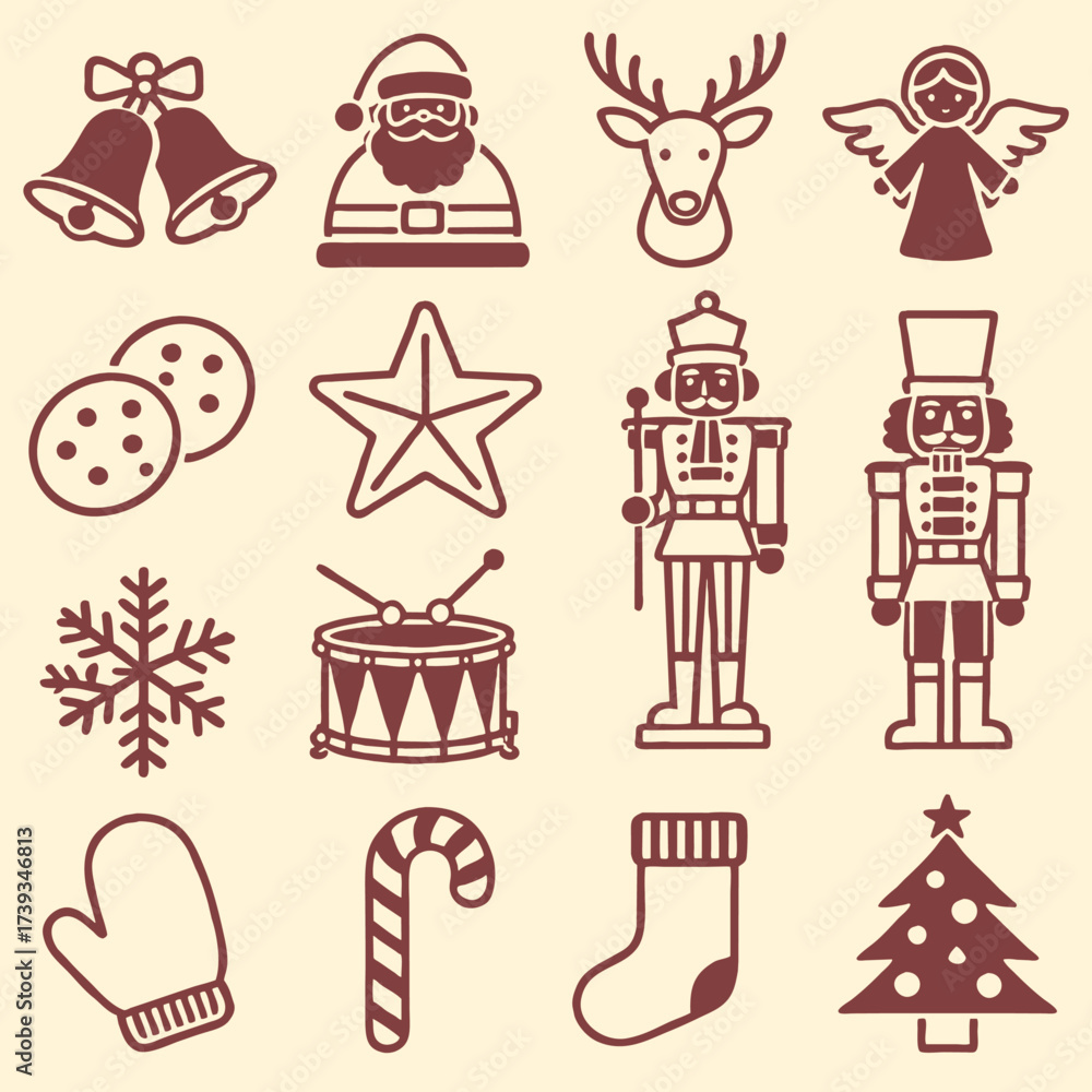 Fototapeta premium Set of isolated Christmas and New Year party decoration ornaments in black doodle hand-drawn graphic illustration on a white background 5