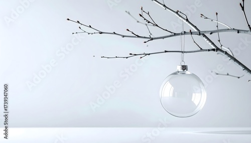 Minimalist winter elegance a clear ornament hangs from a silver branch against a serene backdrop perfect for holiday designs and seasonal promotions now