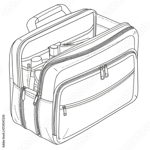 Detailed drawing of a versatile black bag with multiple compartments and zippers isolated on white background