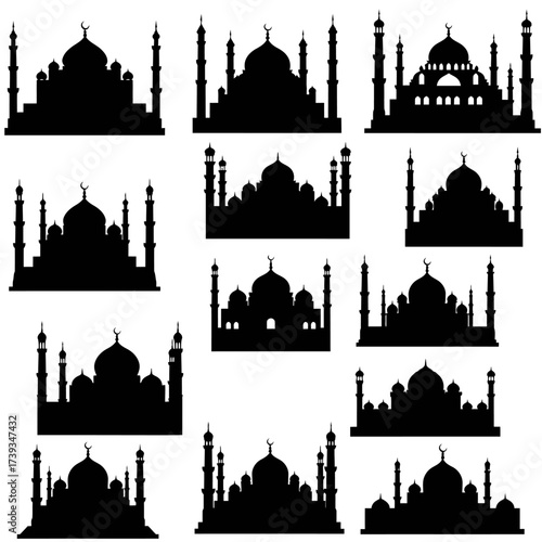 Collection of silhouetted mosque architectural styles demonstrating islamic monumental structures isolated on white background