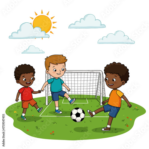 Children play soccer game outdoors sunny day kids football fun activity isolated on white background