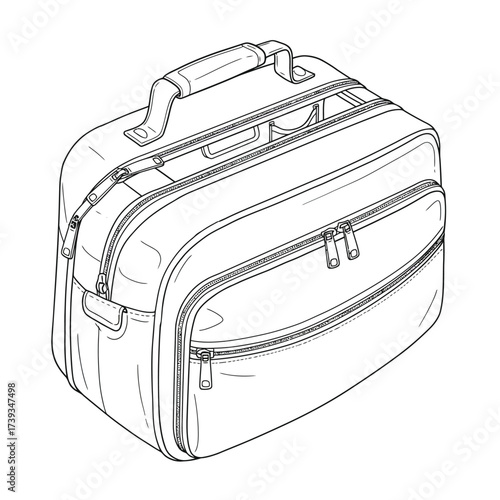 Detailed drawing of a multi-compartment travel toiletry bag with zippers and handle isolated on white background