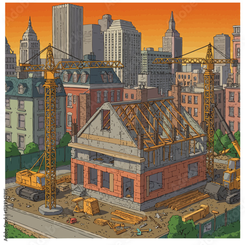 Urban construction scene with cranes and cityscape amidst building development and renovation isolated on white background