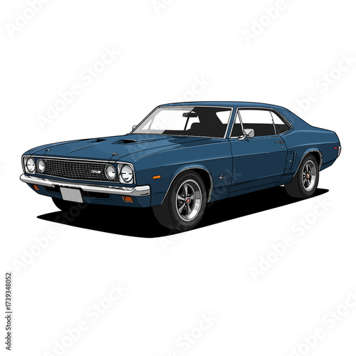 Vintage blue muscle car classic automobile automotive vehicle automotive styling isolated on white background