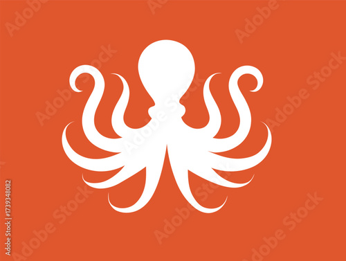 A striking white silhouette of an octopus is set against a bright orange background. The design highlights the octopus unique shape and tentacles, creating a lively contrast.
