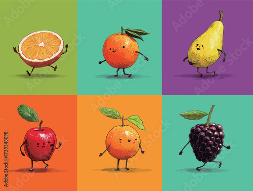 Colorful cartoon fruits with faces and little limbs feel joy as they dance across vibrant backgrounds filled with orange, green, purple, and yellow.