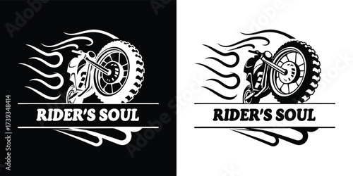 Motorcycle wheel with flames and the text riders soul, black and white graphic