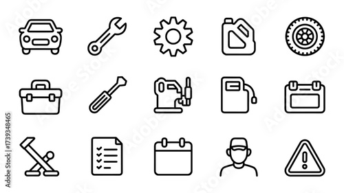 Line icons of automotive service, car repair, tools, maintenance, and workshop equipment. Vector illustration.