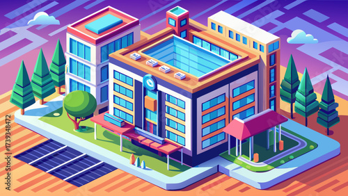 Isometric hotel building vector with rooftop sign, windows, balconies, trees, 3D perspective, scalable design, vibrant tones, clean lines, professional rendering, modern city accommodation artwork.