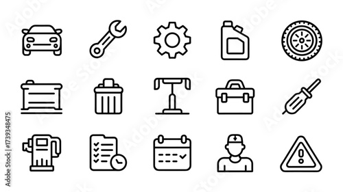 Car Service Line Icon Set. Line icons of mechanic, repair, maintenance, and automotive tools. Vector illustration.