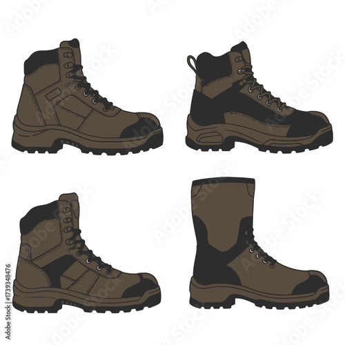 Rugged work boots four styles detailed views durable footwear for construction and labor isolated on white background